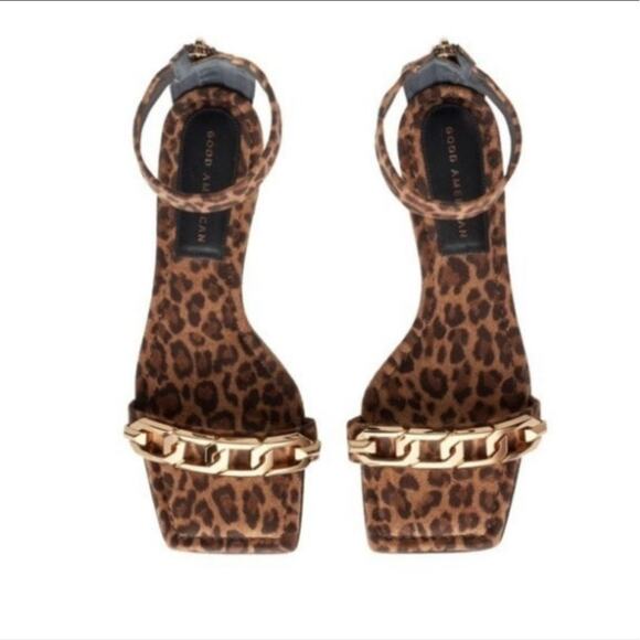 Good American Flat Sandal Sz 7.5 Pale Leopard Leather Zip Ankle Strap Square Toe - Picture 3 of 3